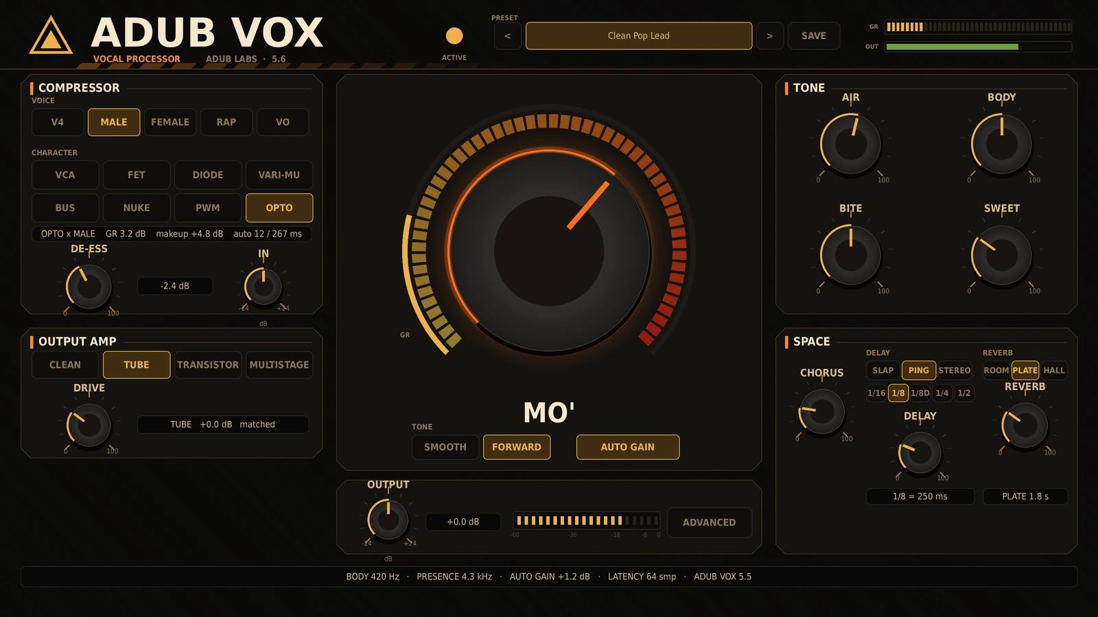 ADUB VOX vocal processor with amber-lit central control and tone, compressor and space panels